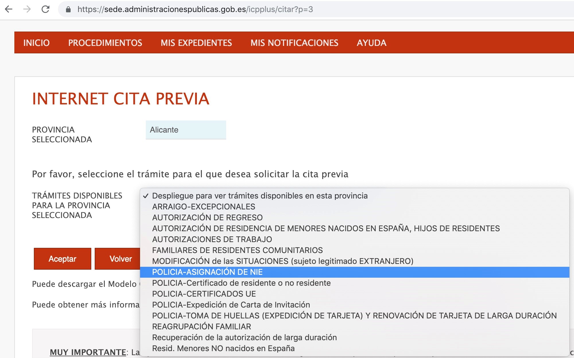 Скриншот электронной записи на подачу документов в Аликанте (в других провинциях выделенное поле может называться по-другому)