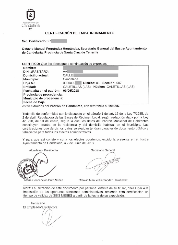 Certificado de empadronamiento на острове Тенерифе