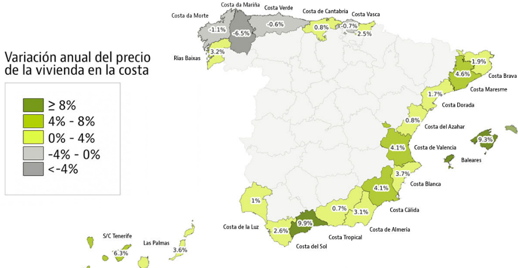 Изменение цена на побережье Испании за прошедшие 12 месяцев. Скриншот из материала Idealista